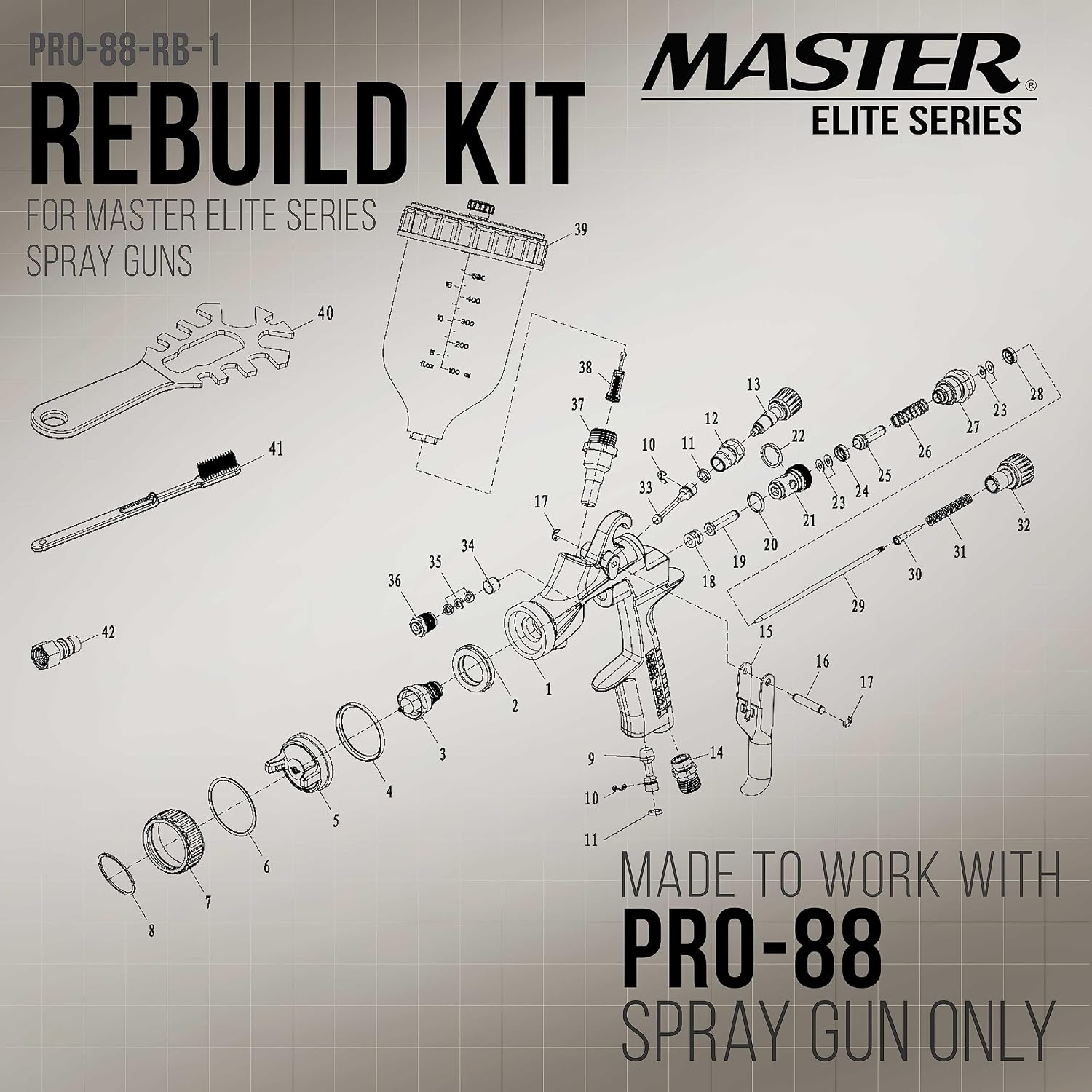 Master Elite Series PRO-88 HVLP Spray Gun Rebuild Kit #1 - for Repair and Maintenance of Master Elite Series PRO-88 HVLP Spray Gun Models - Set Contains Spray Head Parts, Seals, Baffle, Spring