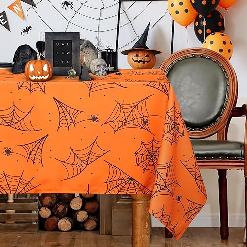 Miniatura 6 de Karseteli Mantel redondo de Halloween, mantel impermeable de tela de araña de 60 pulgadas, mantel lavable para decoración de fiestas, pícnic, cenas