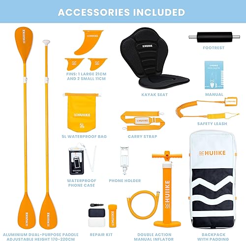 Miniatura 38 de HUIIKE Tabla de remo inflable para adultos con accesorios incluidos, remo, aletas, bomba. Tabla de remo de pie, gran estabilidad y resistencia. 10