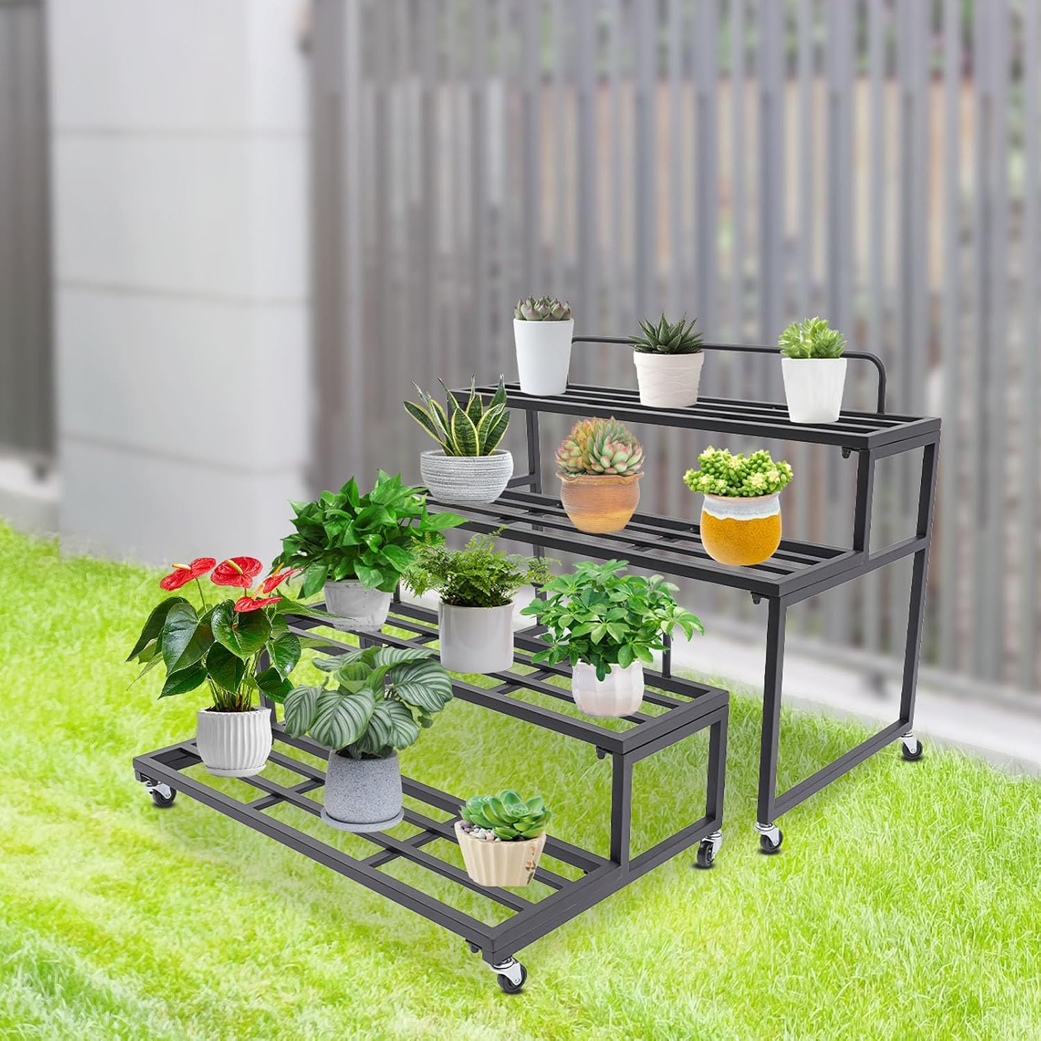 Plant Stand Indoor Outdoor, 4 Tier Metal Tiered Plants Stand Multiple Plant Rack with Wheels, Heavy Duty Tall Plant Shelf Flower Pot Holder for Garden, Display Rack
