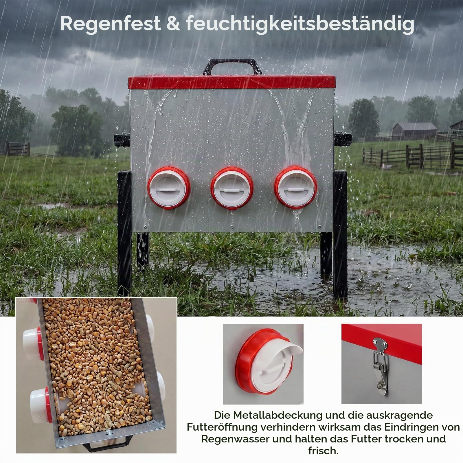 Futterautomat Hühner 15KG Großvolumiger Automatischer Hühnerfutterautomat, Hühnerfutter Automat mit 6 Löchern aus Metall, Futterspender für Hühner, Enten & Gänsen, für Stall/Hof/Garten