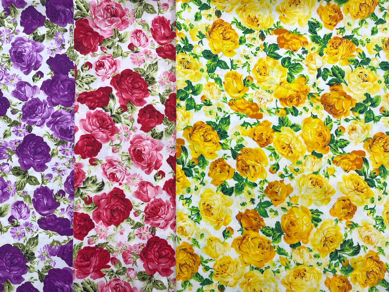 AMORNPHAN 3 Pcs 45" Vintage Summer Spring Season Roses Floral Rose Flowers Bouquet Printed Pattern Quilting 100% Cotton Fabric for Sewing Crafting DIY Patchwork Needlework Handmade Scrapbooking Shirt