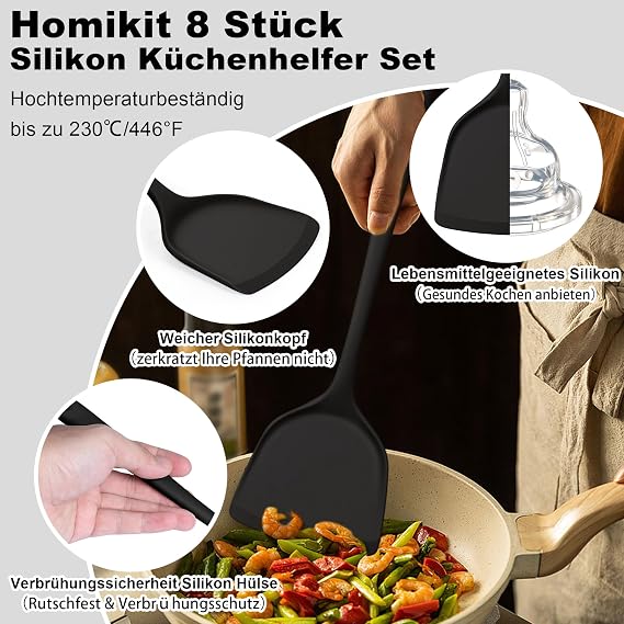 Homikit Kitchen Utensils 8 Pieces Silicone Kitchen Utensils Cooking Utensils Set Heat-resistant black cooking cutlery cookware with spatula for cooking baking healthy and non-stick dishwasher safe