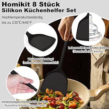Homikit Kitchen Utensils 8 Pieces Silicone Kitchen Utensils Cooking Utensils Set Heat-resistant black cooking cutlery cookware with spatula for cooking baking healthy and non-stick dishwasher safe