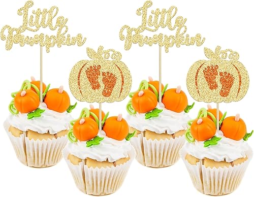 24 adornos para cupcakes de calabaza con purpurina para cupcakes, calabazas pequeñas, decoraciones de baby shower, temática de cosecha de otoño,