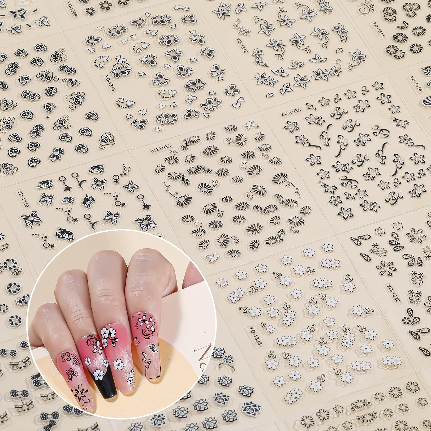 Black Flower Nail Stickers - 30 Sheets Dark Floral Nail Decals 3D Self-Adhesive Butterfly Star Nail Art Stickers for Acrylic/Gel Nails, Edgy DIY Gift for Women