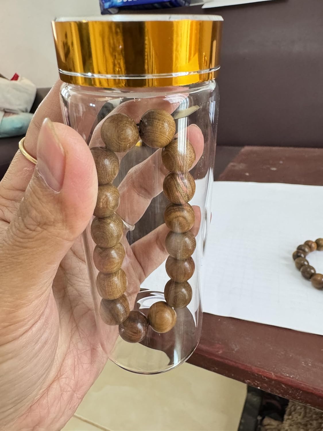 Asia Sandalwood mala Prayer Beads Bracelet with Glass Bottle, Handmade Natural Wood Bracelet for Gift – Real Fragrant Wood – Rare Natural Aroma 14mm - Image 4