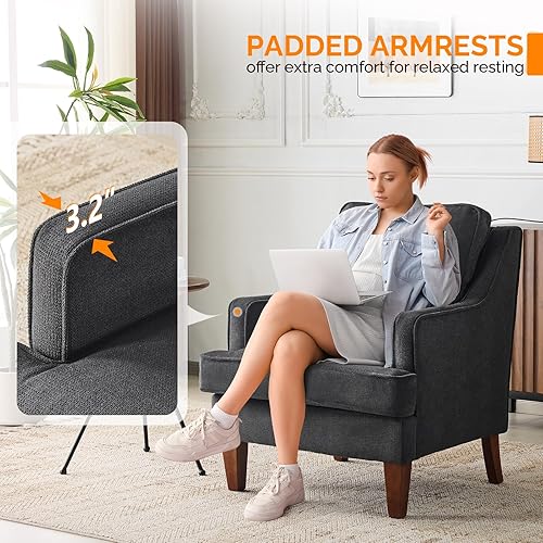 Miniatura 6 de VINGLI Juego de 2 sillas decorativas modernas de mediados de siglo, sillón tapizado negro, cómodos sillones de lectura, respaldo alto para sala de