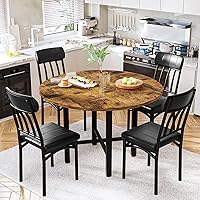 Vista 3 de AWQM Round Dining Table Set for 4, Wood Circle Kitchen Table and Chairs Set for 4, Modern Dining Room Sets with 4 Faux Leather Chairs, Round Dinner