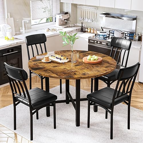 Miniatura 3 de AWQM Juego de mesa de comedor redonda para 4, mesa de cocina circular de madera y sillas para 4, juegos de comedor modernos con 4 sillas de piel