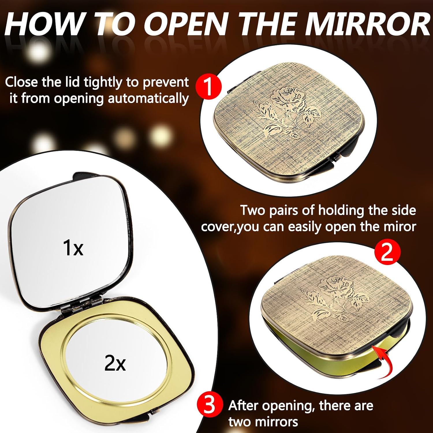 Travel Mini Mirror - Handheld, Foldable, Lightweight - Wallet Mini Pocket Magnifier - Square 3.0-inch x 2.8-inch (Bronze)