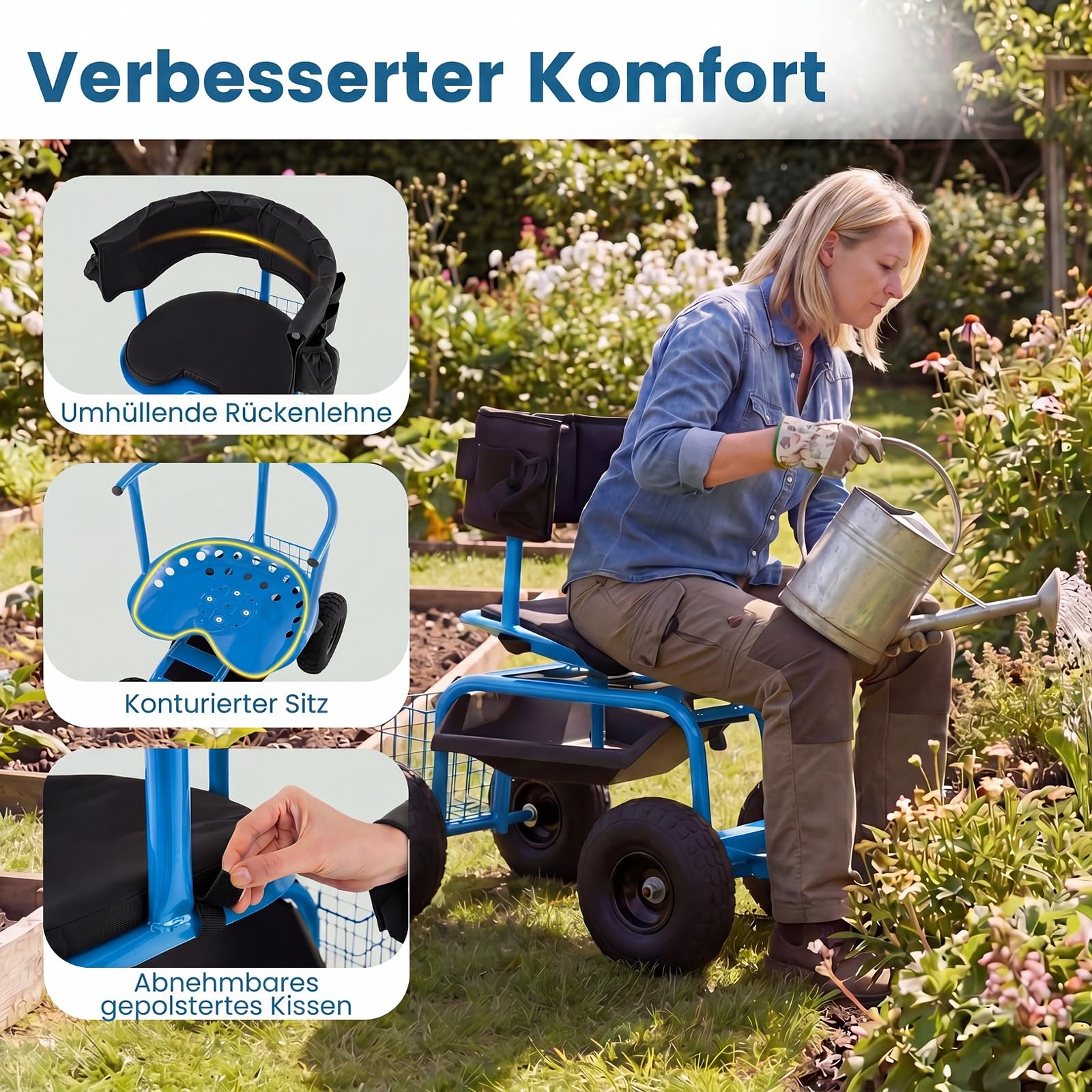 COSTWAY Gartenwagen mit Rollsitz & ausziehbarem Griff, Mobiler Gartensitz mit Ablage & Korb & Werkzeugtasche & Sitzkissen, 360 ° drehbar | höhenverstellbar, Lenkbarer Gartenhocker bis 135 kg (Blau)