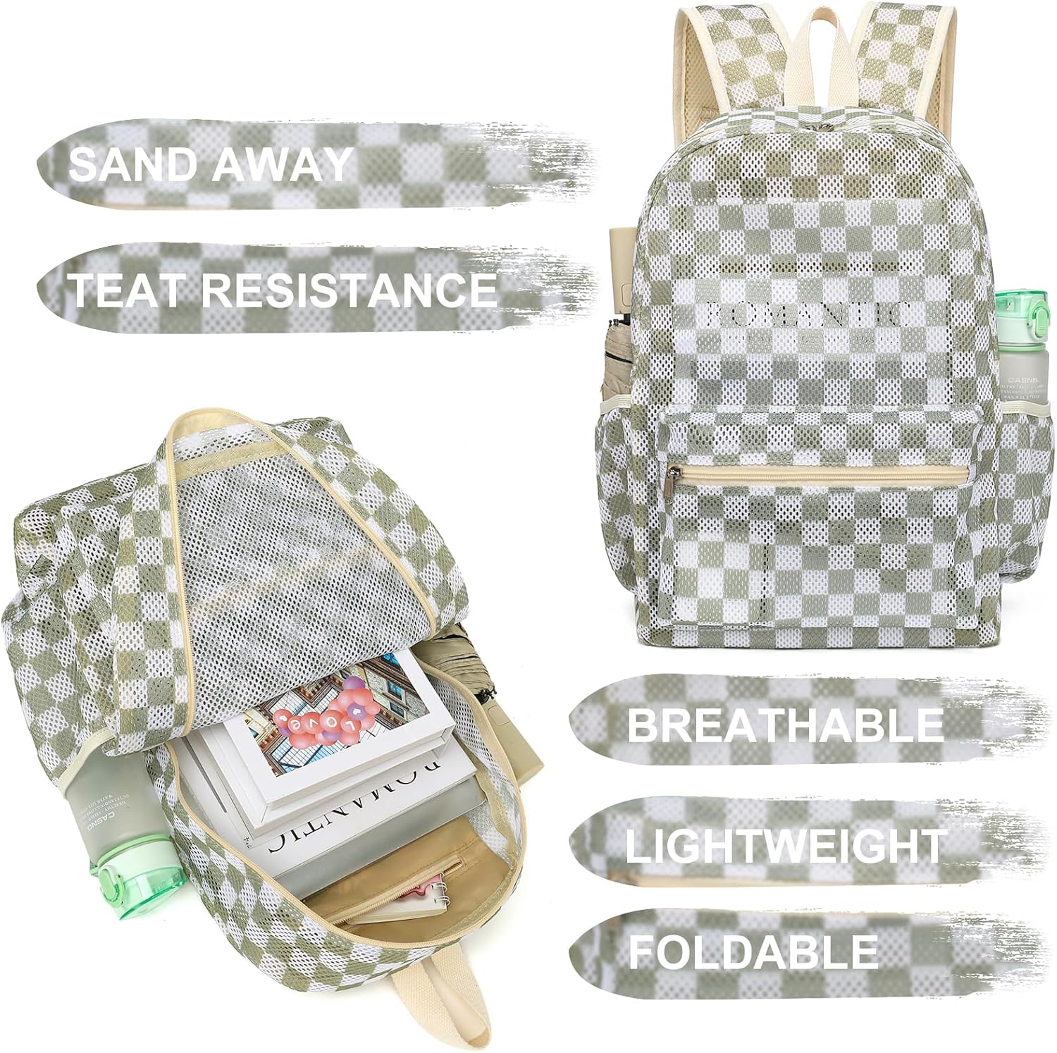 CAMTOP Mesh Backpack Kids Boys Girls Bookbag See Through Preschool Backpacks Casual Daypack for School Beach Travel Sport (Green White Check) - Image 5