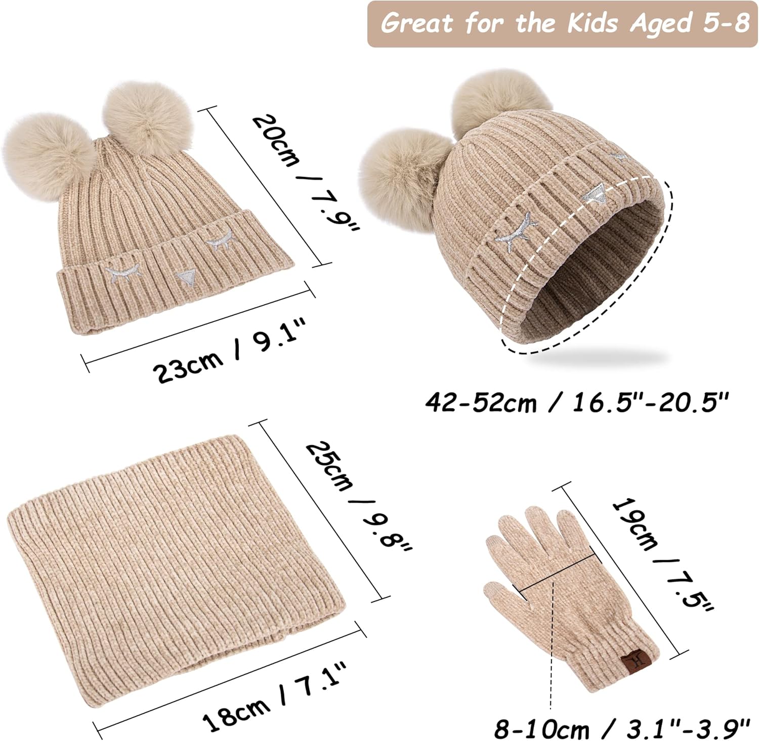 MAYLISACC 3 Pack Kids Hat Scarf Gloves Sets Winter Warm Pom Beanie Hat Fleece Lined Neck Warmer for Girls Boys 2-10 - Image 3