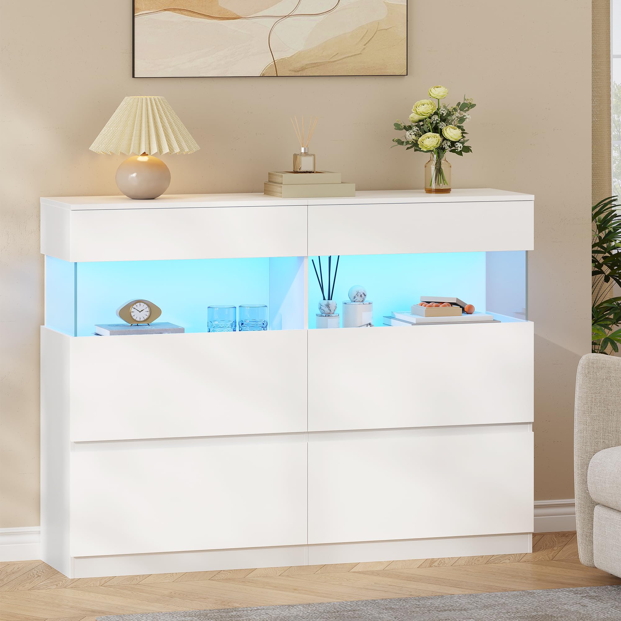 Hzuaneri 140cm Kommode mit LED-Beleuchtung und 2 Glas-Vitrinenelementen