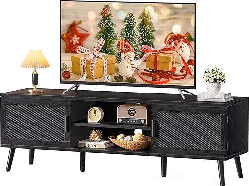 SUPERJARE Soporte de TV para TV de 65 pulgadas, centro de entretenimiento con estante ajustable, consola de TV con 2 gabinetes, consola multimedia,