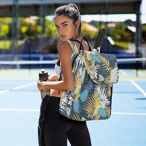 Miniatura 7 de Mochila de tenis de bádminton impermeable estilo tropical hojas patrón amarillo y azul deportes accesorios mochila para adolescentes niños niñas