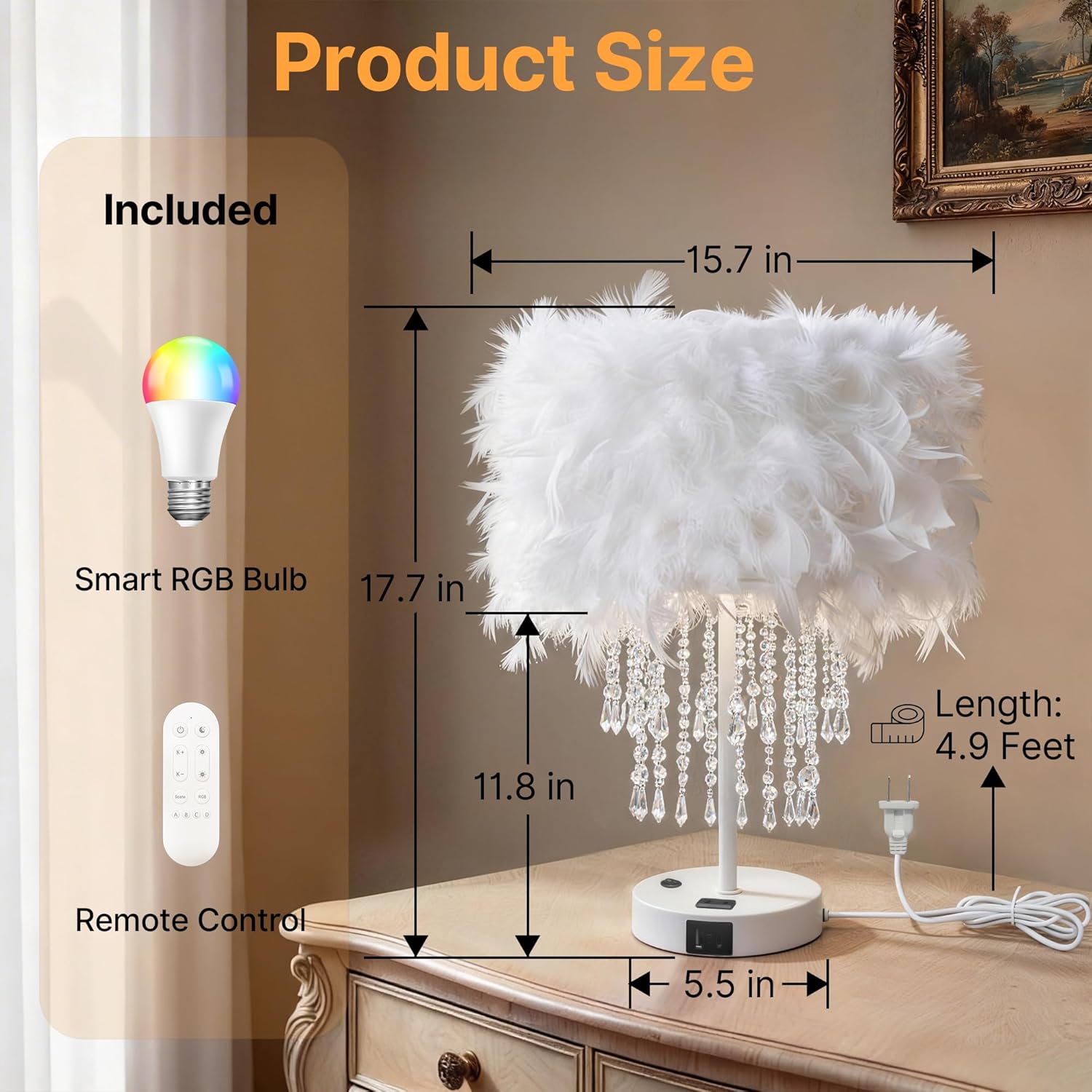 Smart Feather Table Lamp with Acrylic Droplets, Dimmable E26 LED Bulb Included, Bedside Desk Lamp with USB C & AC Outlet , App & Voice Control, Compatible with Alexa & Google Assistant, White
