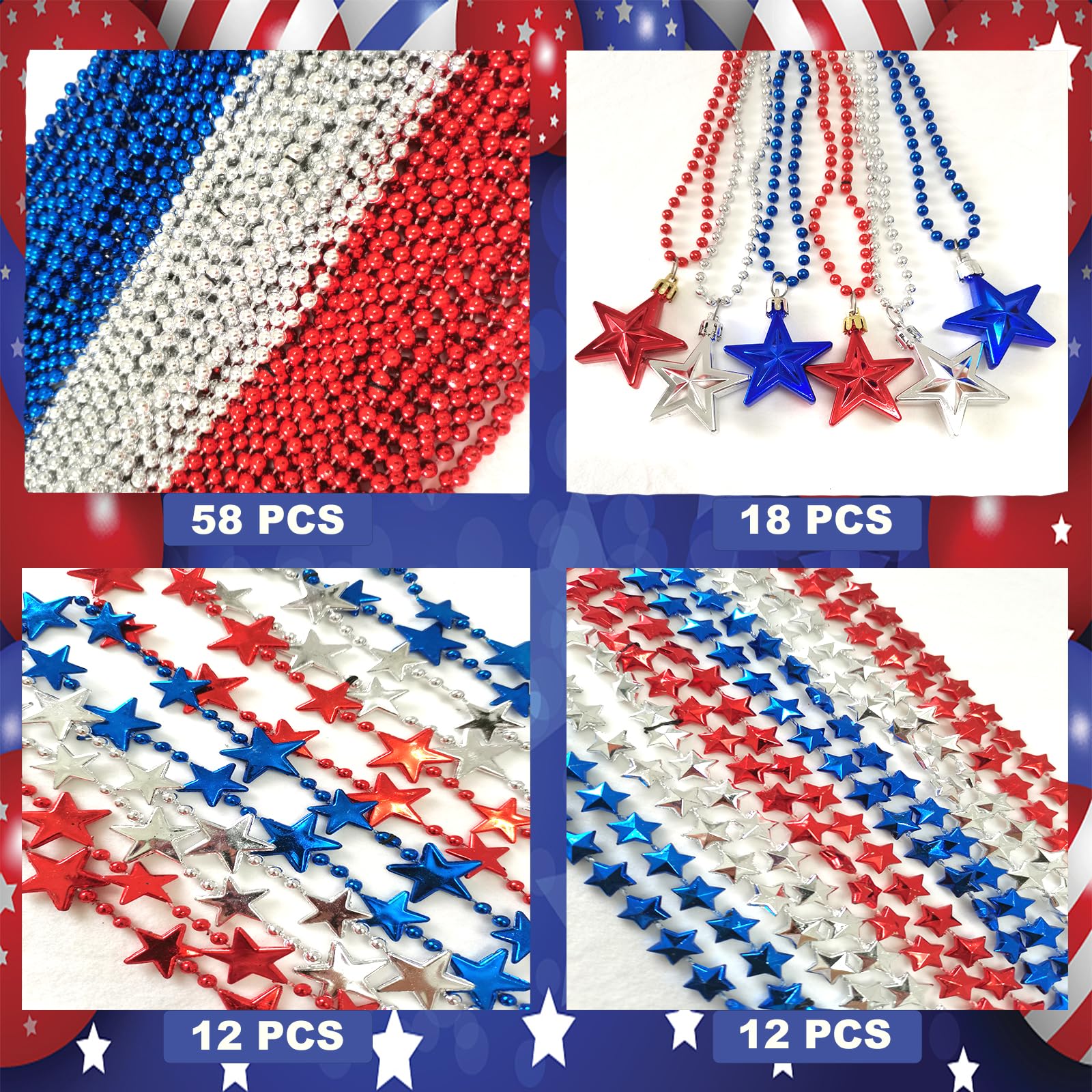 Becfupo 100 Pcs 4th of July Beaded Necklaces Bulk, Red Blue Silver Metallic Patriotic Beads Necklaces For 4th of July Decoration, Independence Day Parade, Patriotic Events