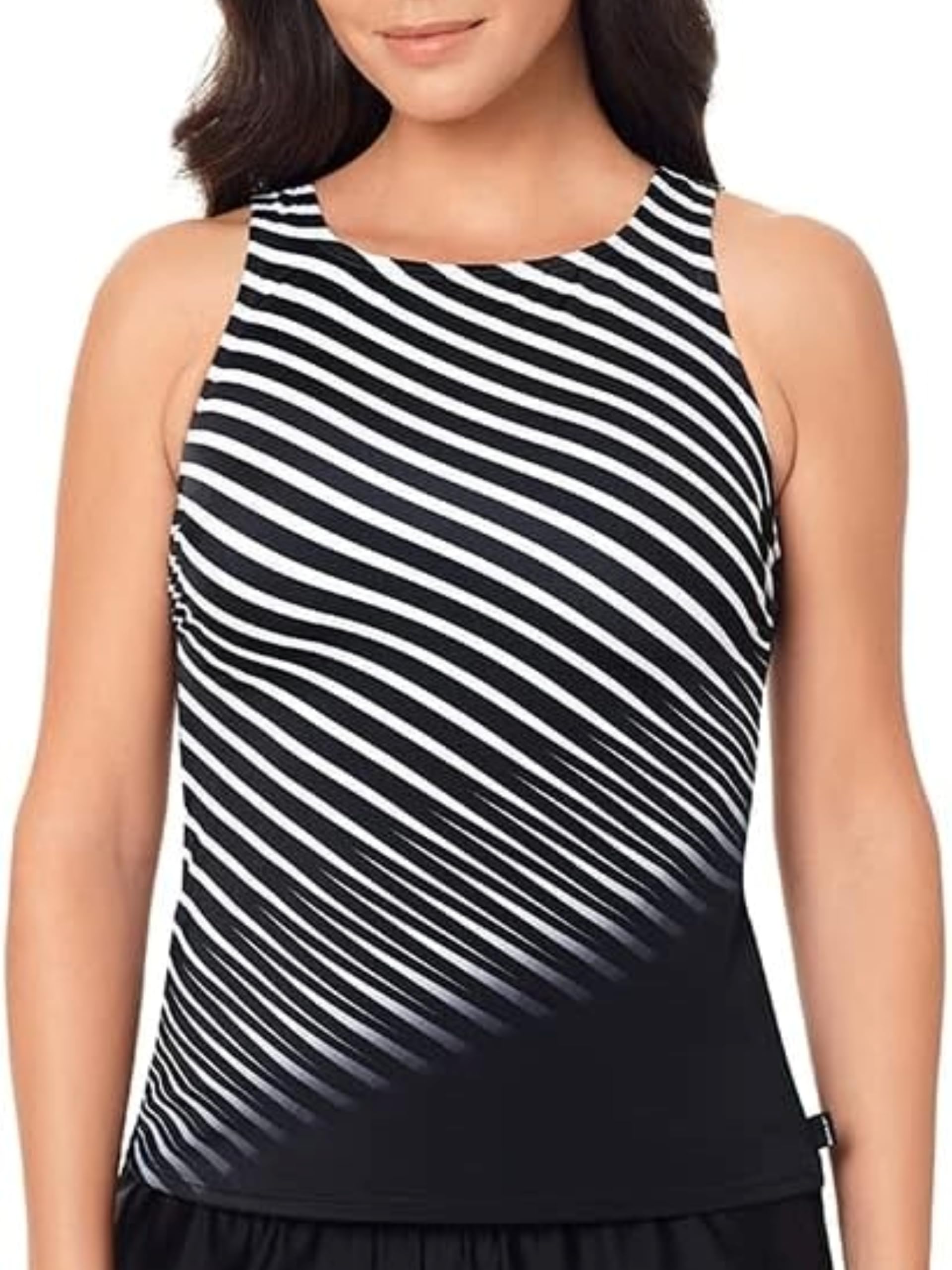 Reebok Women's Swimwear Sharp Focus High Neck Soft Cup Tankini Top, Black White, 14