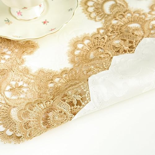 Miniatura 4 de Mantel redondo pequeño de encaje, mantel bordado de granja con borde de macramé para tocador, boda, fiesta, mantel individual dorado, 24 pulgadas