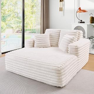 JEEOHEY 56" Oversized Faux Fur Chaise Lounge Chair, Fluffy Cloud Sleeper Sofa Bed with Pillows & 9" Wide Armrests, Beige Indoor Couch for Living Room Bedroom