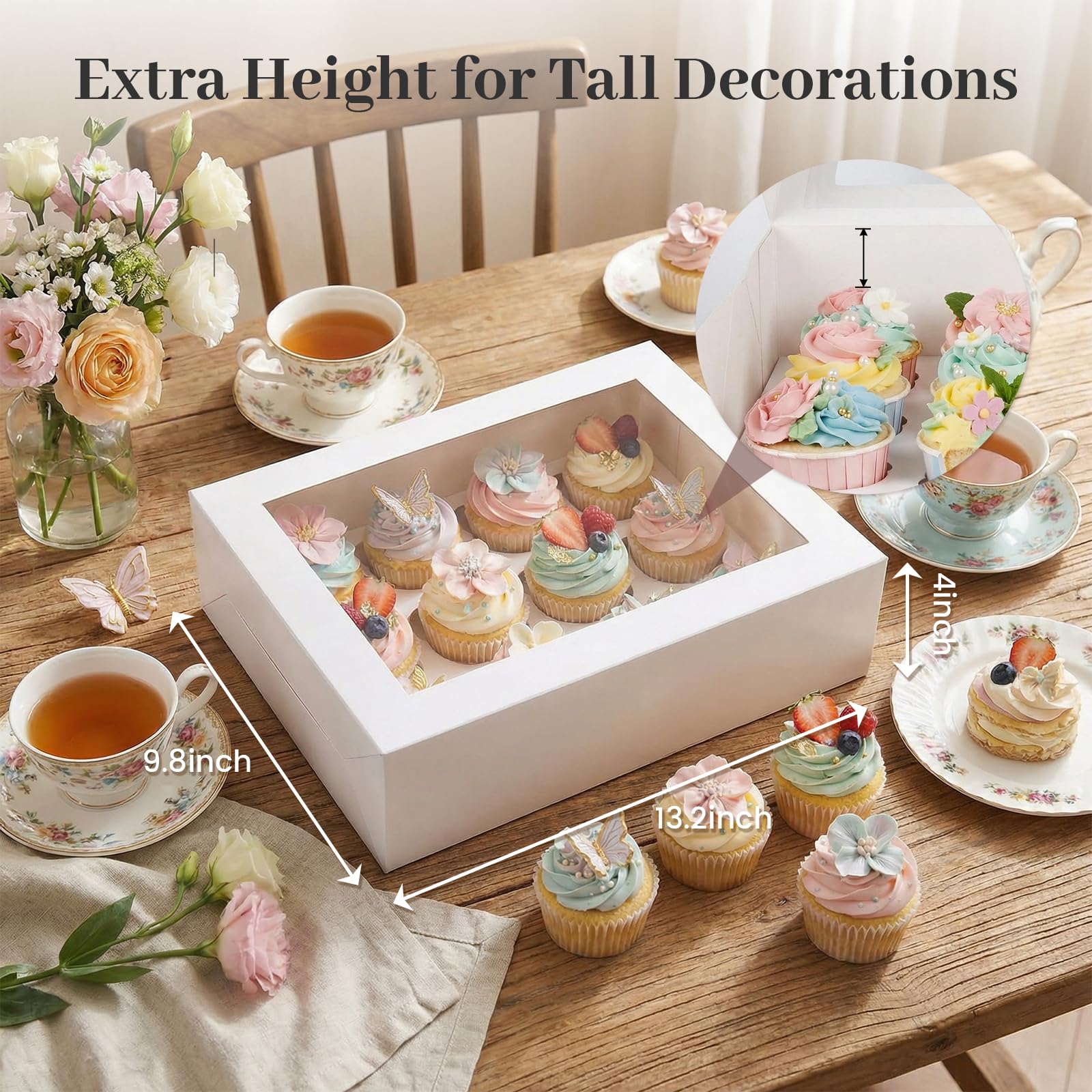 VGOODALL Cupcake-Behälter mit Fenster, weißer Cupcake-Halter mit Einsatz, Gebäckbox, 12 Stück, für 145 Cupcakes für Geburtstag, Urlaub, Party, Bäckerei, 12 Stück