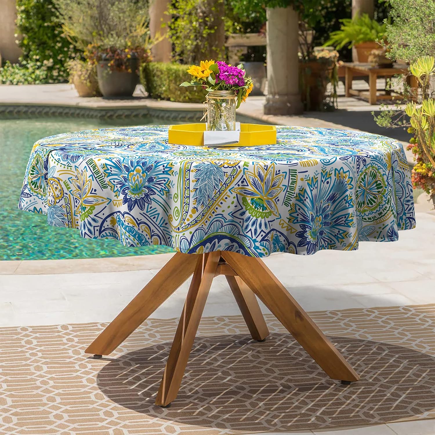 LVTXIII Patio 60-Inch Round Tablecloth, Outdoor Stain and Fade Resistant Table Covers with Zipper, Picnic Table Cloth with Umbrella Hole for Home and Garden Circular Table Decoration, Paisley Blue