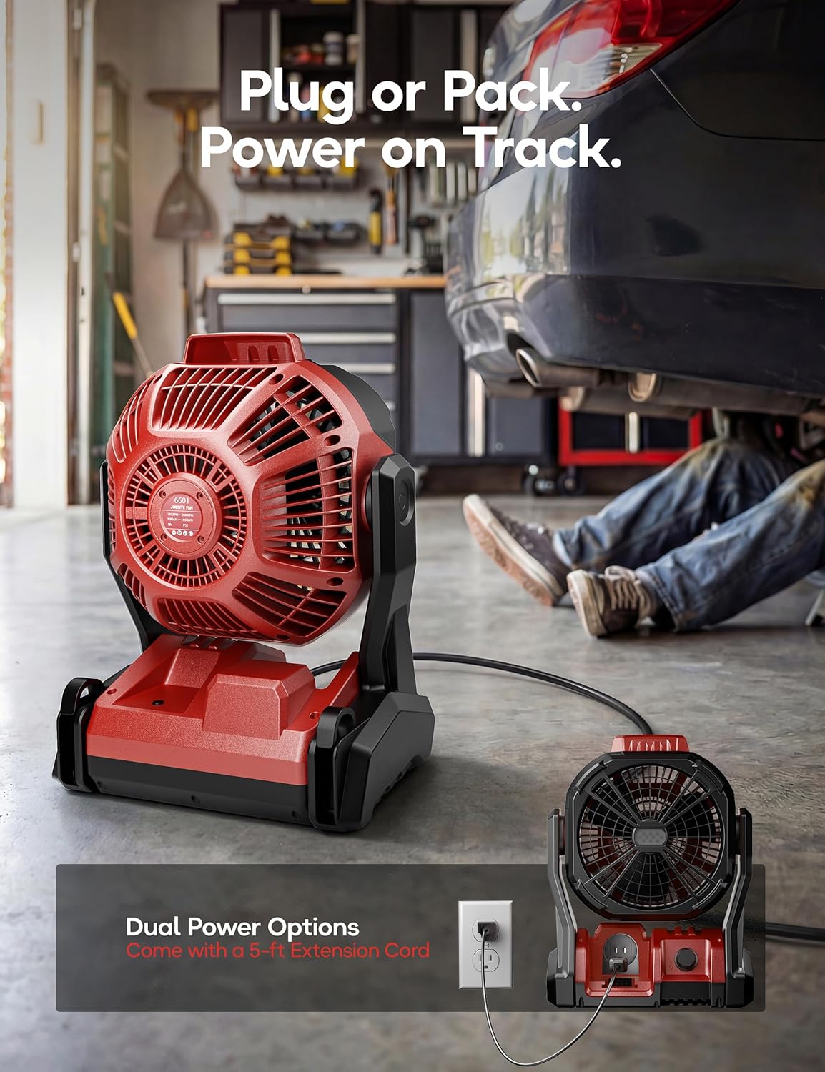 DeForce Battery Operated Fan, for Milwaukee M18 18V Battery, Camping Fan Cordless, Option for Corded, with LED Lights, Variable Speed, Hook for Hanging, for Jobsite, Red(Bare Tool Only)