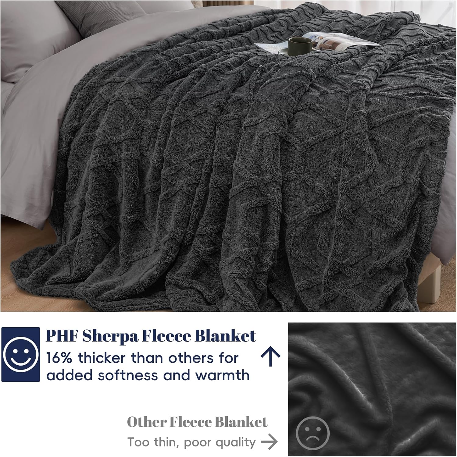 PHF Fluffy Sherpa Fleece Blanket Queen Size for Winter, Warm and Cozy, 510GSM 3D Tufted Shaggy Fleece Blanket for Sofa Bed, Dark Grey, 90"x90" - Image 5