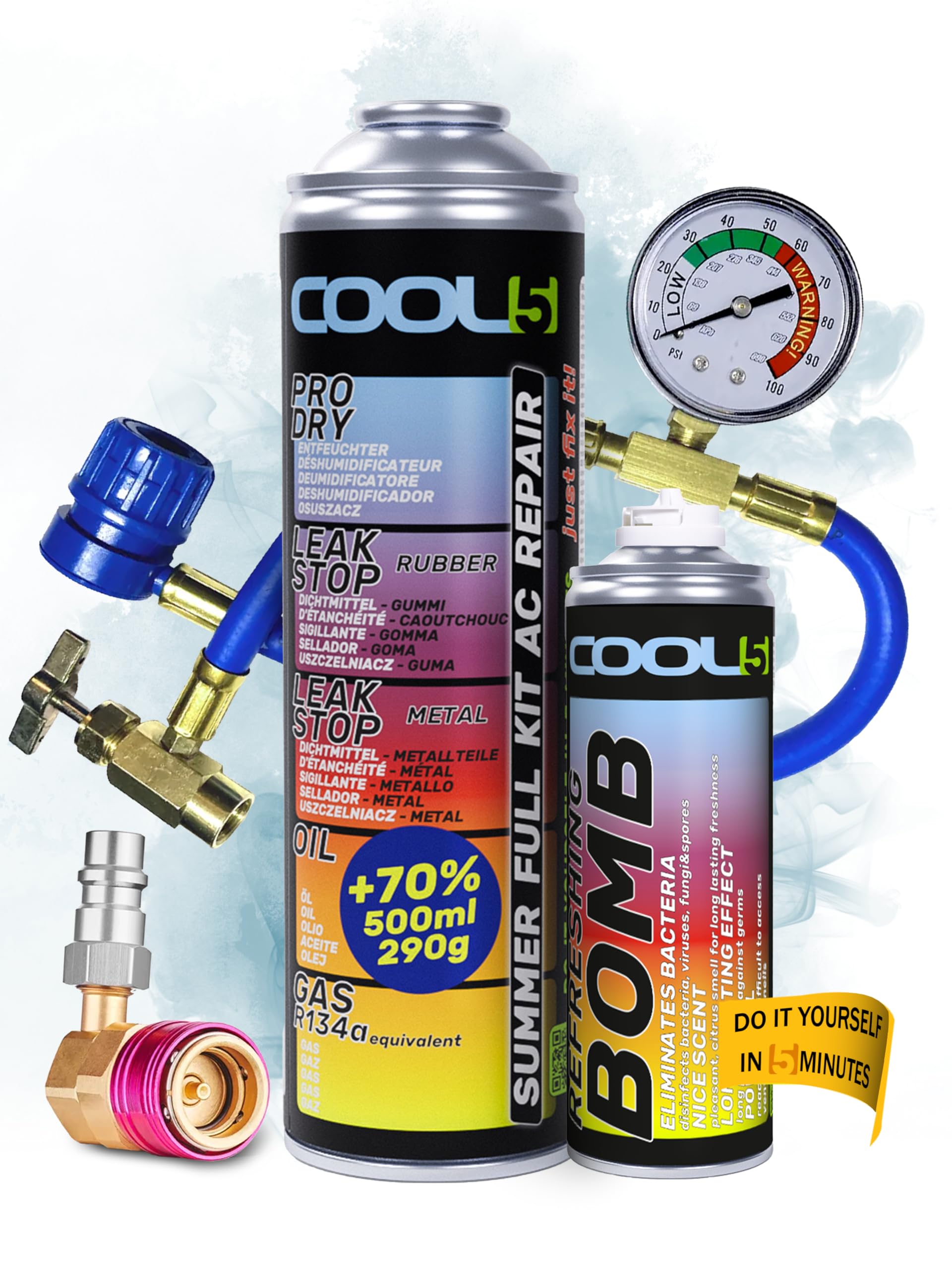 Ersatzkältemittel r134a für Autoklimaanlagen – 1 Dose 5in1, 290g + Druckleitung mit Manometer + Adapter LP-HP + Lufterfrischer für Auto