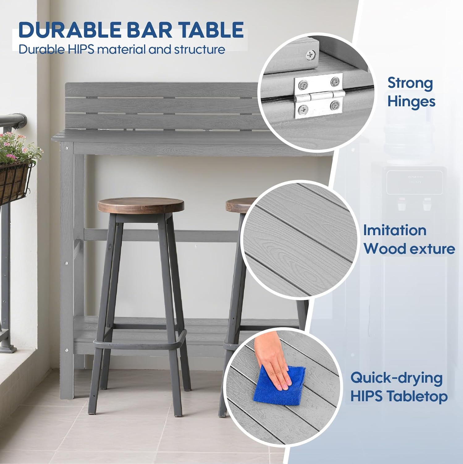 All Weather HIPS Outdoor Bar Table,47" Patio Bar Counter Height Table with Reversible Baffle,Square Patio Bar Table with Storage Shelf for Garden, Hot Tub, Yard, Balcony, Poolside