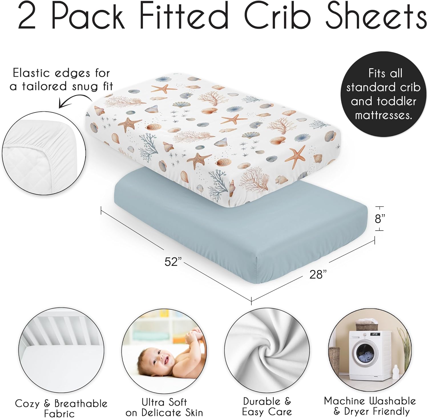 Sweet Jojo Designs 2-Piece Baby Crib Sheets Set (Ocean Seashells) for Boys or Girls, Infant Nursery, Toddler Room - Standard Size (Gender Neutral, Nautical, Beach Theme, Starfish, Watercolor, Coastal)