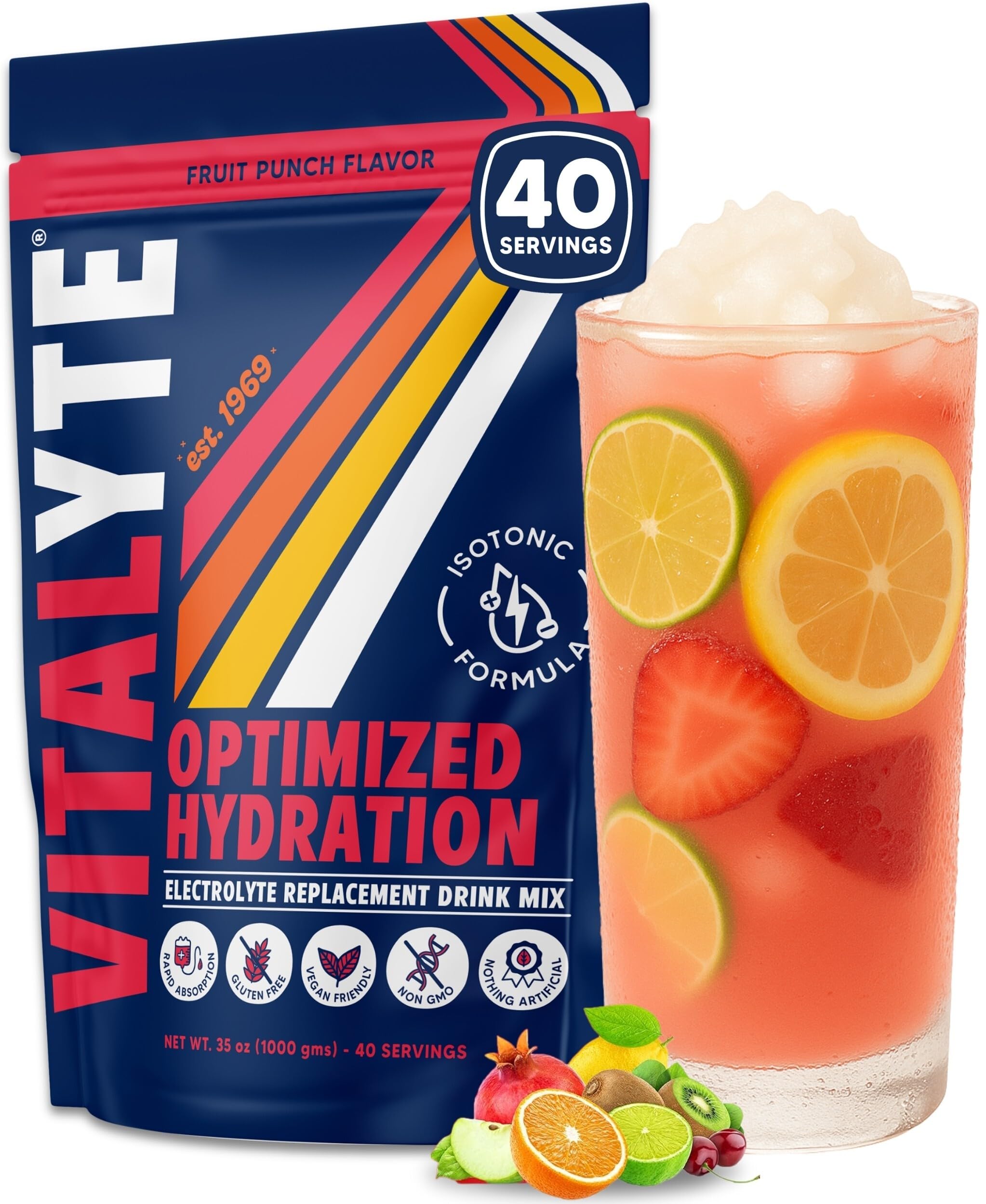 Vitalyte Electrolyte Powder Drink Mix, Isotonic Electrolyte Hydration Mix, Gluten Free Post Workout Powder Mix, Pack of 1, 35 oz., Fruit Punch Flavor