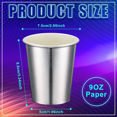 Miniatura 2 de Amyhill 100 vasos de papel desechables plateados para fiestas de 9 onzas, tazas de láser de disco iridiscente para bebidas frías y calientes, té,