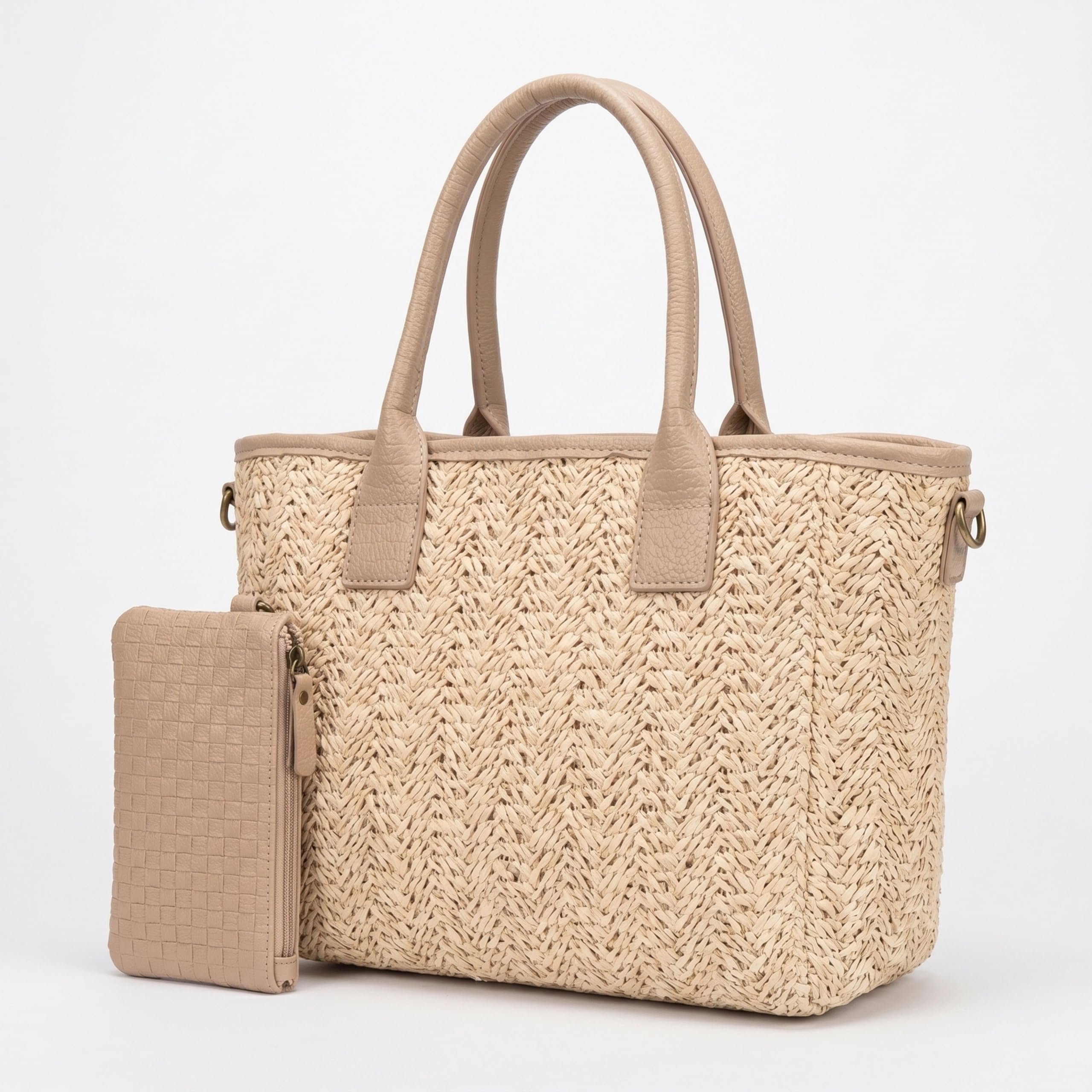 Bolso Rafia Mujer - Bolso de Verano Mujer - Bolso Bandolera Mujer Verano - Cremallera Superior y Neceser Pequeño - Bandolera Casual para Primavera y Viajes (Apricot)