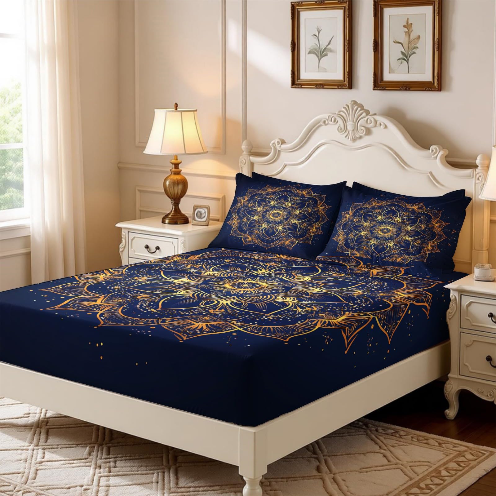 Lenzuolo con Angoli 180 x 200 cm Microfibra Mandala astratto Lenzuolo Sotto Elasticizzato Profondo 25 cm giallo per Letto Singolo e Matrimoniale