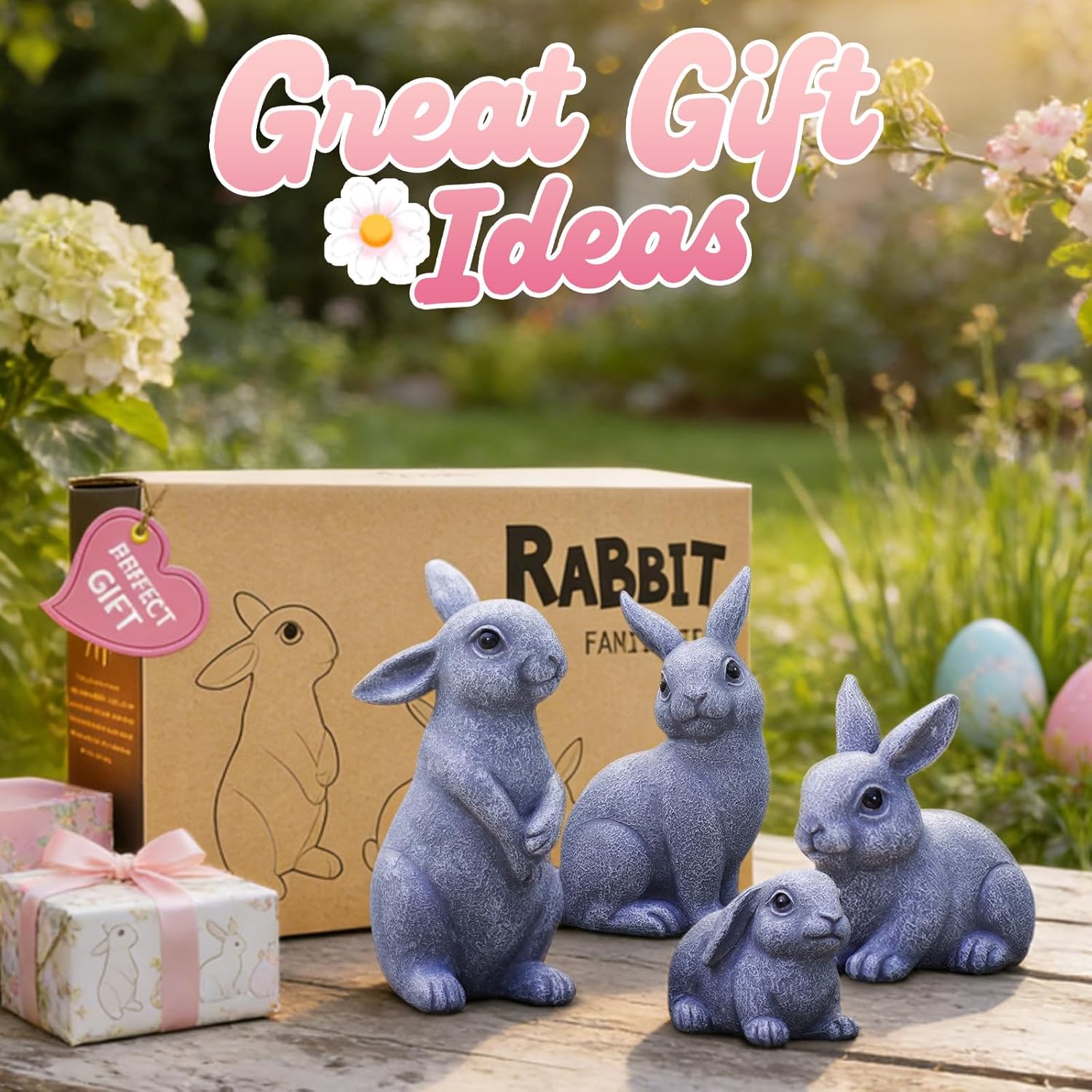Nacome Bunny Statues for Outdoor Easter Decor: Outside Set of 4 Rabbit Fairy Garden Sculptures for Lawn Porch Patio Balcony Yard Ornaments - Gifts for Mom Grandma