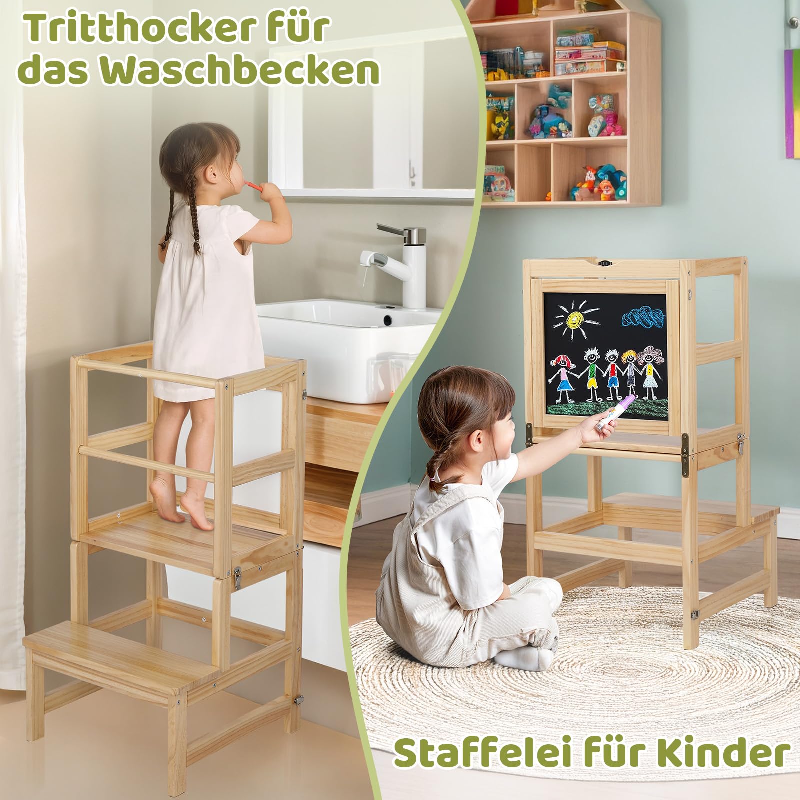 Bonnlo Lernturm mit drehbarer Tafel für Kinder, Lernturm klappbar ab 1 Jahr, Kinderstuhl aus Holz, für Küche und Bad, 45x45x84cm (Natur)