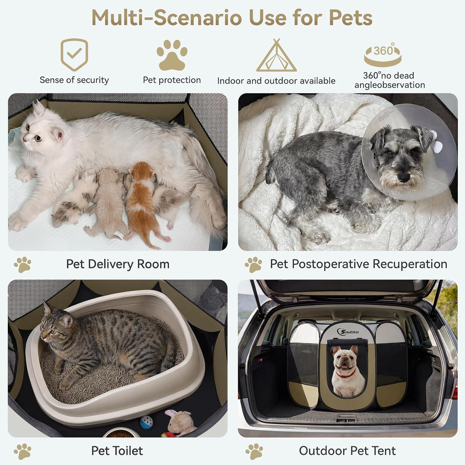 Siedihit Dog Cat Playpen, Medium Puppy Pet Playpen, Dog Crate Tent Cage Indoor/Outdoor, Portable Pop Up Dogs Kennel Playpen with Carrying Case for Dogs/Cats/Rabbits (Khaki,Medium)