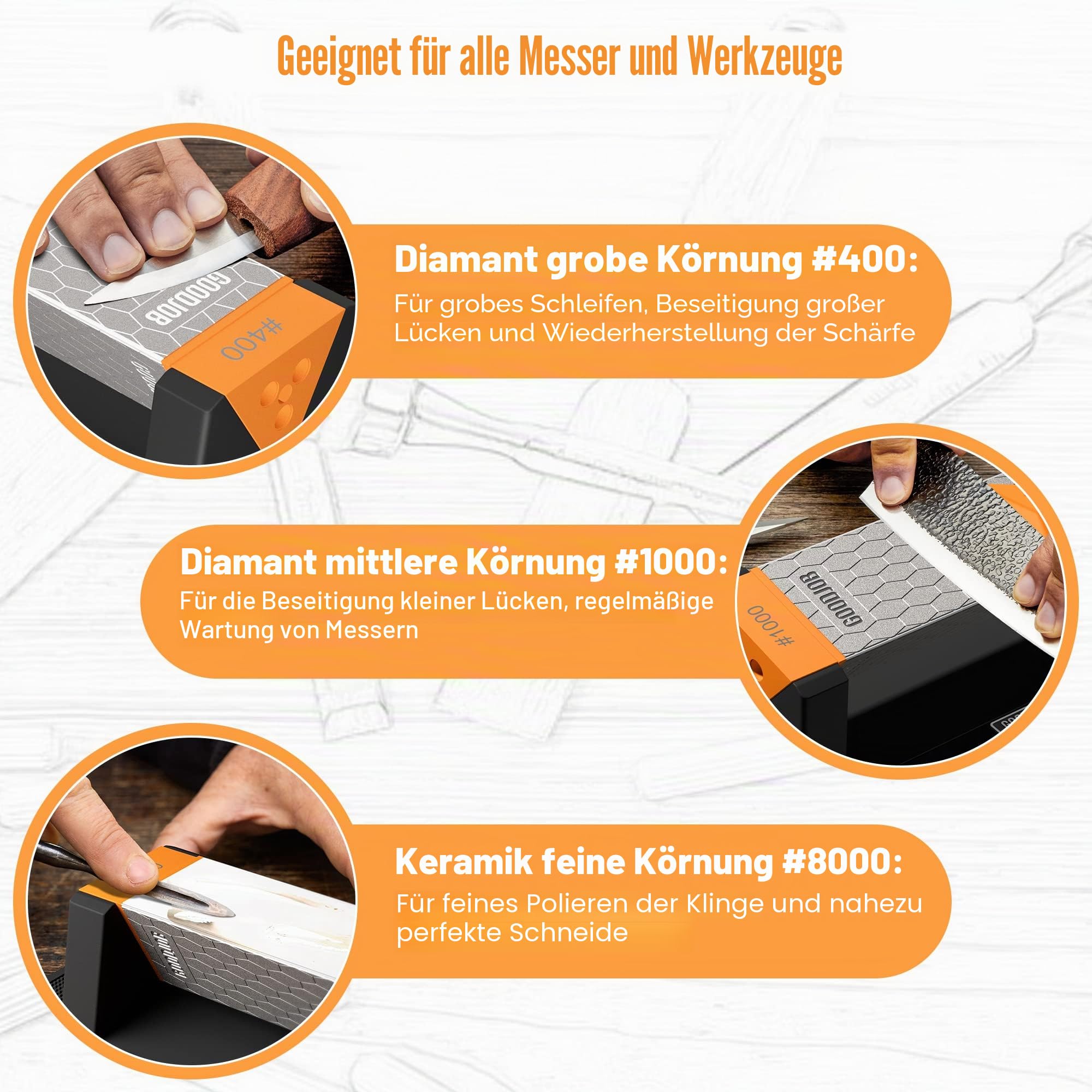 Goodjob Diamant Schleifstein 3 Seiten Körnung 400/1000/8000 Premium Industrie Diamant & Keramik Schleifstein Messerschärfer Geeignet für Stahl jeder Härte mit Winkelführung und Rutschfester Basis