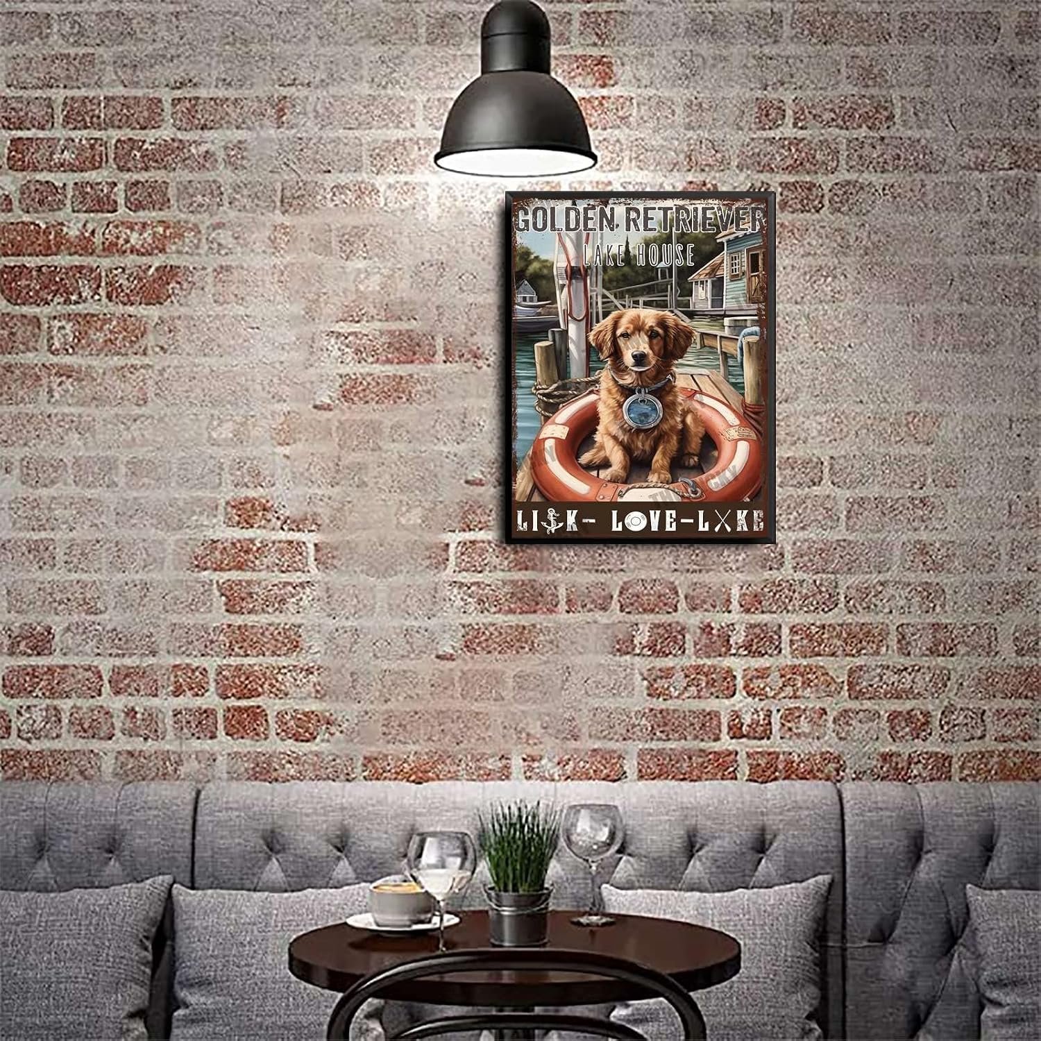 THUANCKY Metal Hanging Sign Golden Retriever Lake House Like Love Lake Style Retro Metal Tin Sign Wall Decor for Backyard Garage Man Cave Shed Office Craft Room 12x16inch with Black Metal Framed