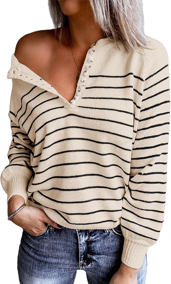 Women's Oversized Striped Sweater Off Shoulder Button Down Puff Sleeve