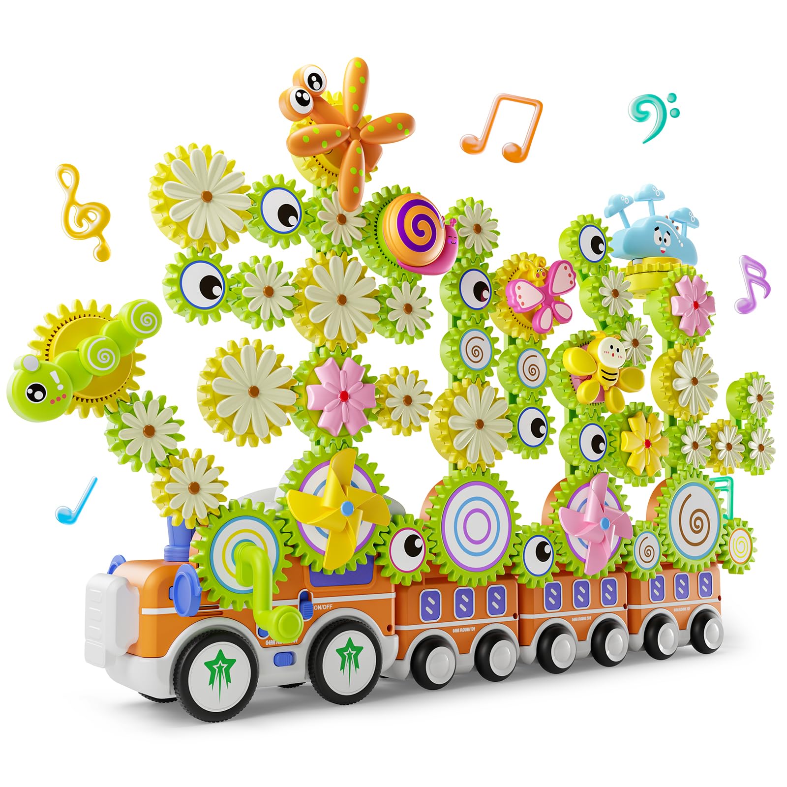 HEMRLY Light-Up Musical Train Gear Building Set with Flower Gears Pro