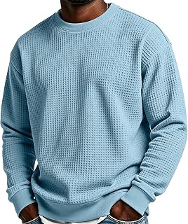 Waffle Crew Neck Sweatshirt Men Classic Basic Fall Pullover | Classic Crewneck Cotton Blend Soft Fleece Round Neck Fall Outfits Winter Fashion Work Tops Outwear Warm 2026 Sweatshirts