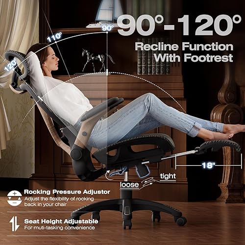 Miniatura 7 de ELABEST X100 Silla de oficina ergonómica con reposapiés, silla grande y alta para escritorio en el hogar con brazos abatibles 5D, soporte lumbar