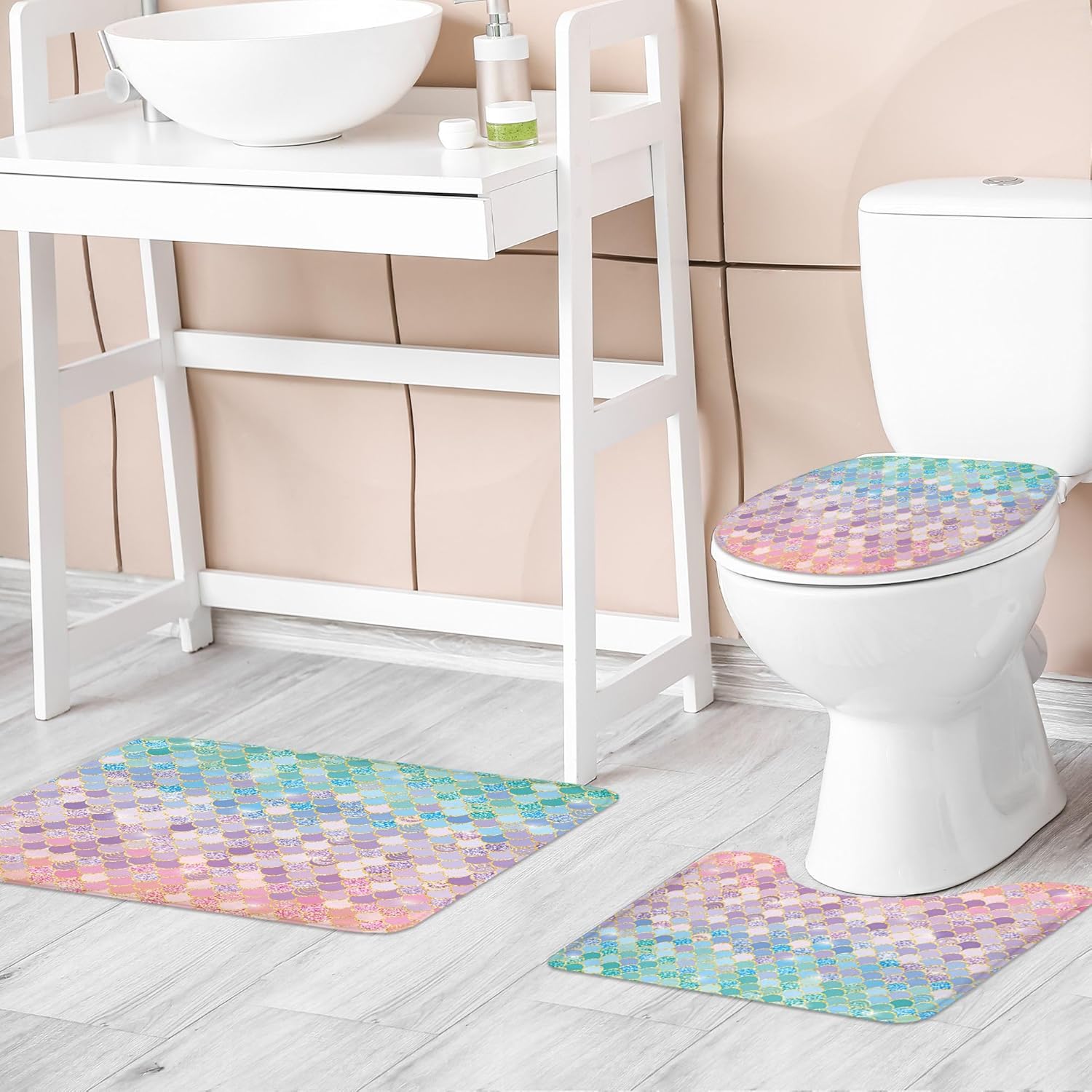 Riyidecor Mermaid Scales 4Pcs Bathroom Shower Curtain Sets Kids Pink Girls Ocean Sea Sparkly Iridescent Bathroom Decor Set with Rugs and Accessories Toilet Lid Rug, Contour and Bath Mat with 12 Hooks