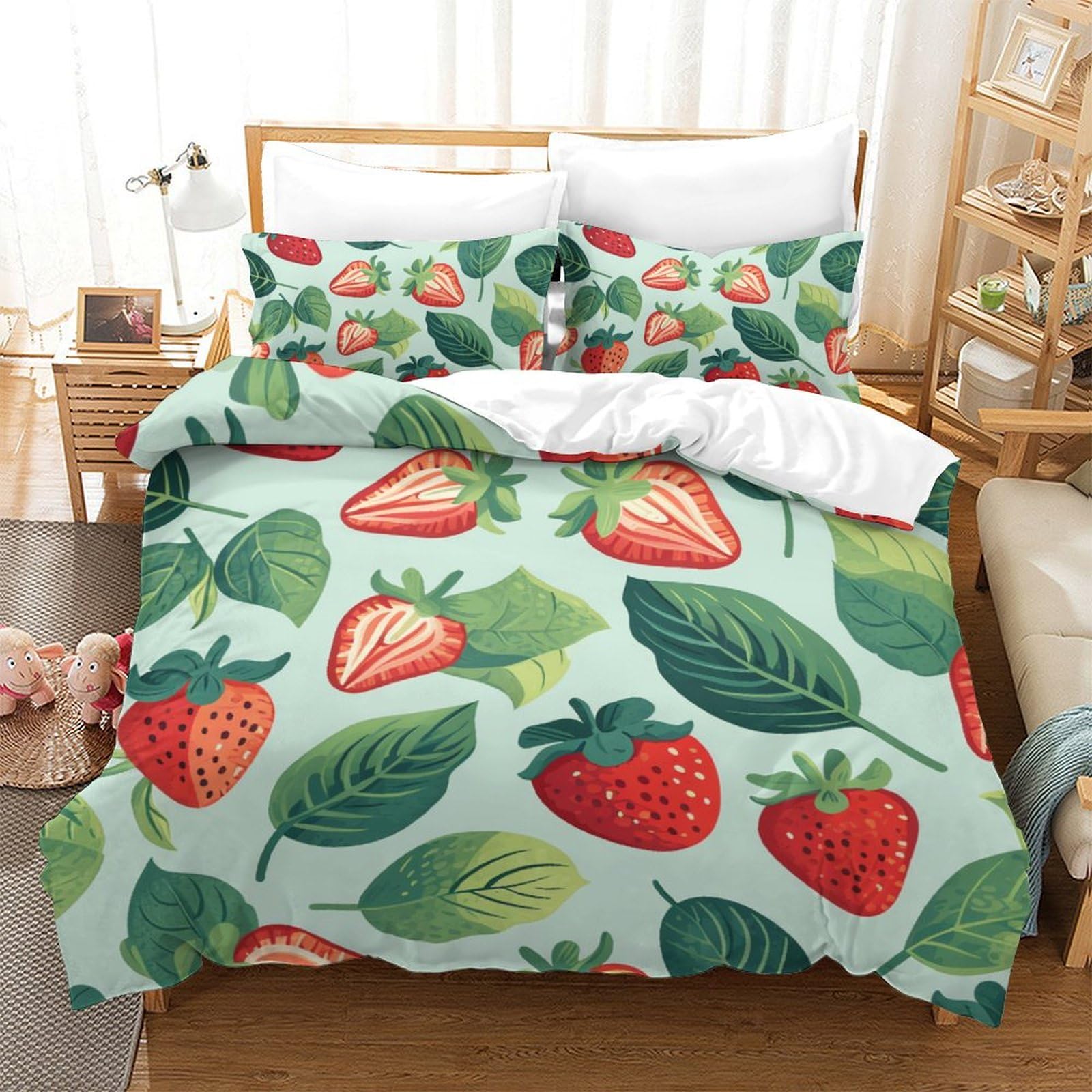 Housse de couette fraises 3D 200x200 parure lit ado microfibre