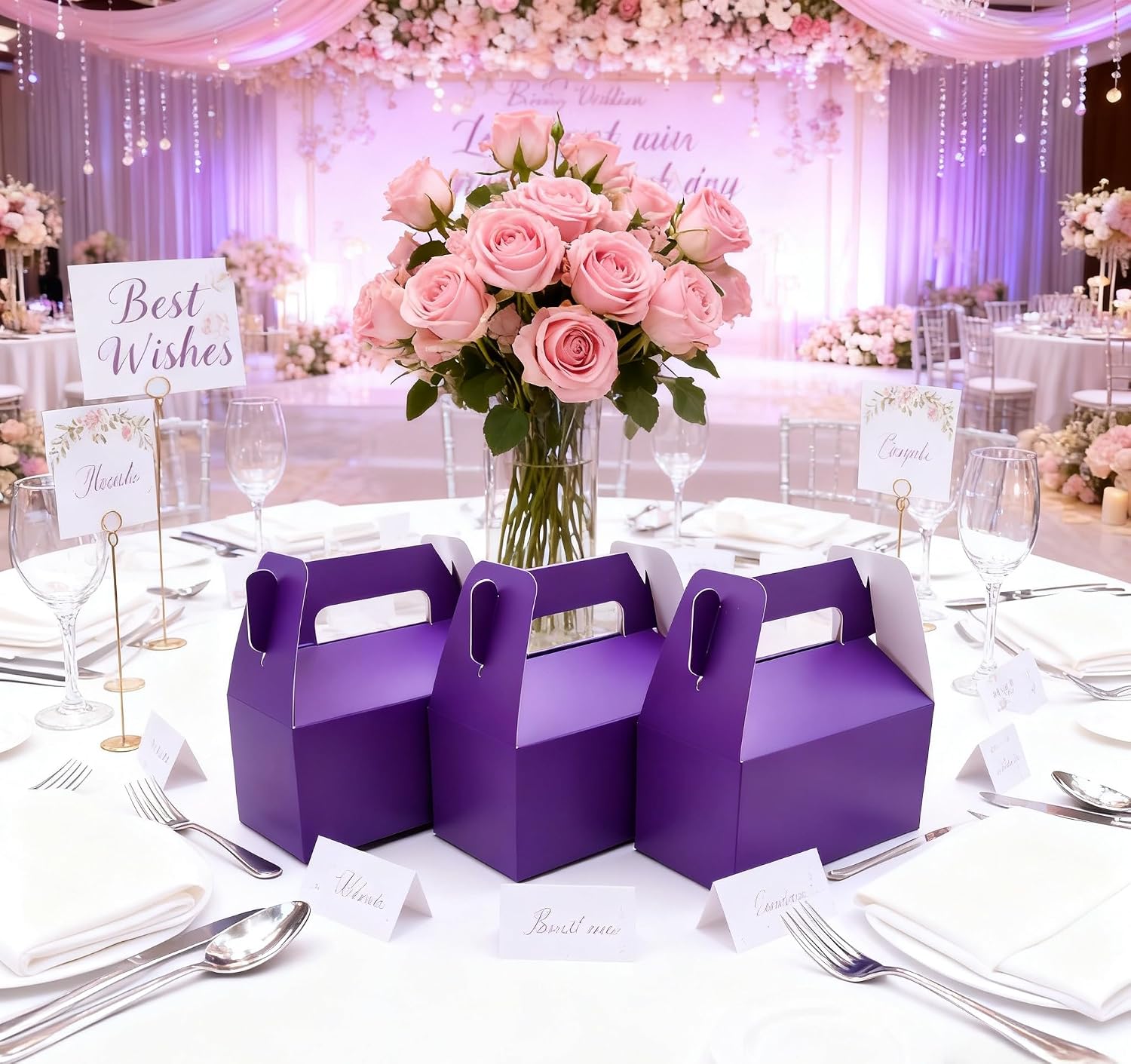24-Pack Dark Purple Treat Boxes, 6.3in Gable Goodie Boxes with Handles