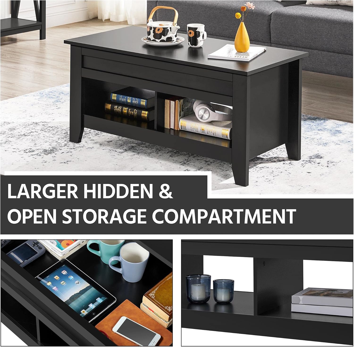 Yaheetech Black Wood Coffee Table Lift Up Coffee Table w/Hidden Storage & 2 Open Shelves for Living Room Reception Room Office, 41in L : Home & Kitchen